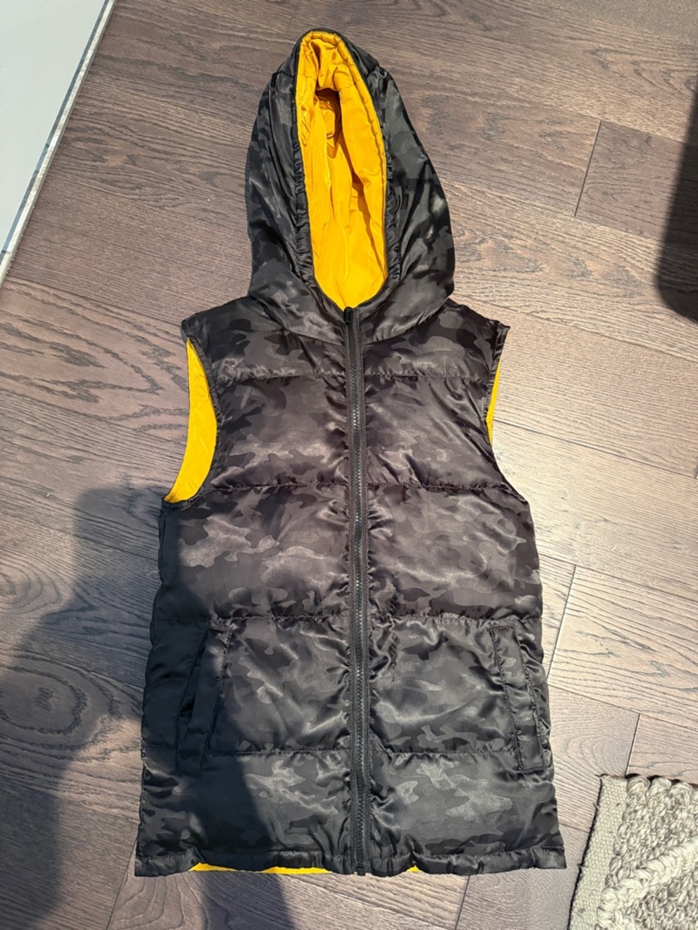 Appaman Black Camo Reversible Hooded Vest with Yellow Lining